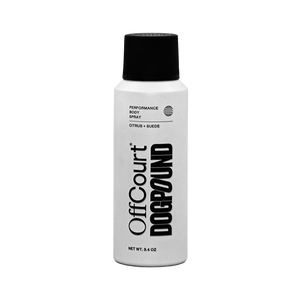 White aerosol can of OffCourt and DOGPOUND collaboration