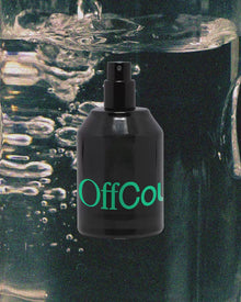 Fragrance bottle with moving images of ingredients: Sandalwood, Coconut water, Black pepper