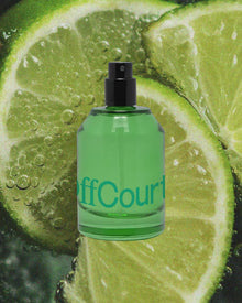 Fragrance bottle with moving images of ingredients: Fig leaves,Vetiver, White musk