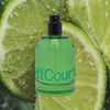 Fragrance bottle with moving images of ingredients: Fig leaves,Vetiver, White musk