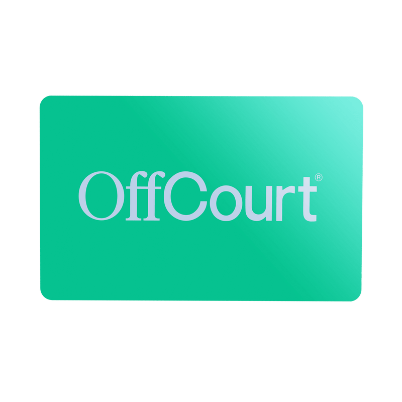 A green gift card with the OffCourt Logo